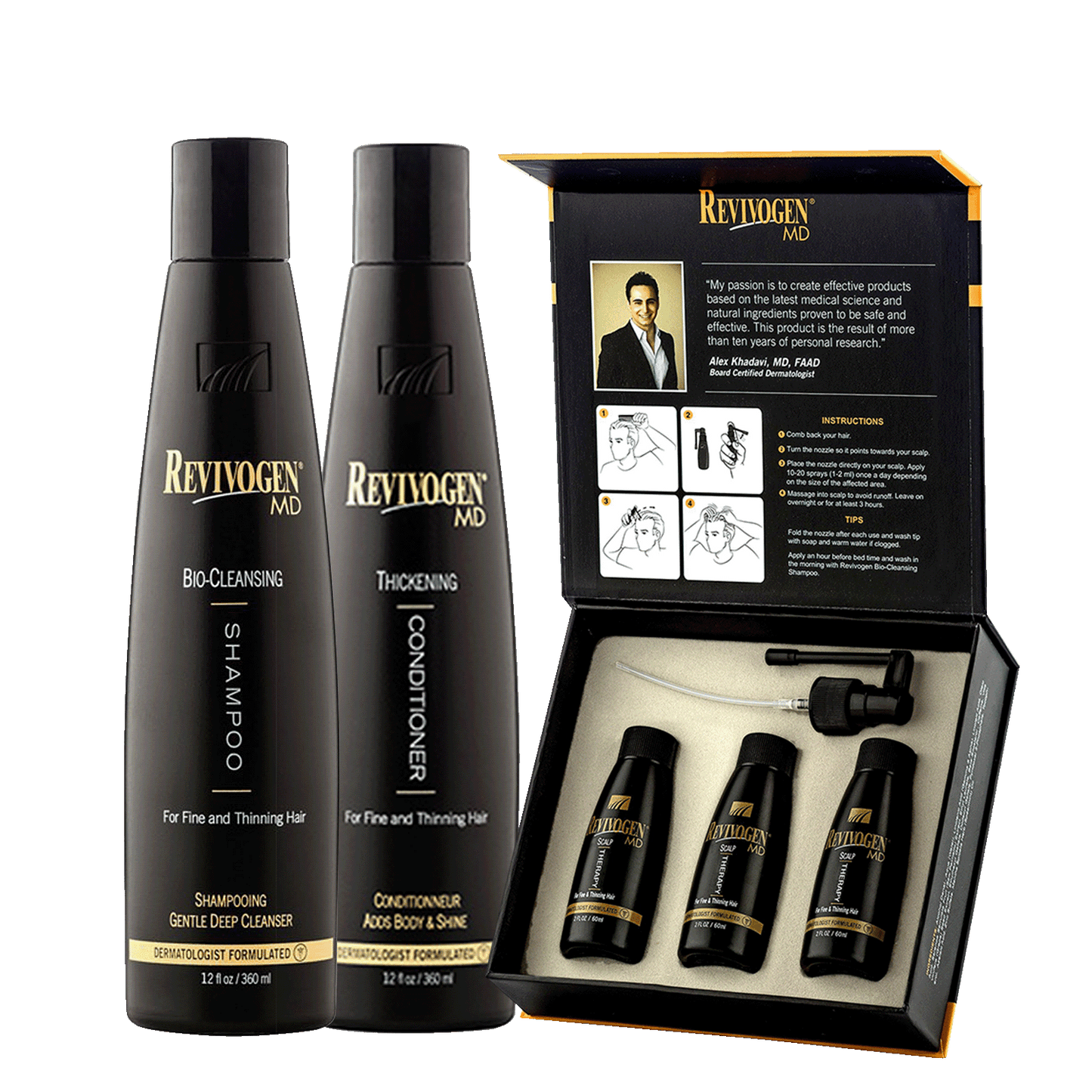 KIT DE SHAMPOOING + APRÈS-SHAMPOOING + TRAITEMENT BIO-NETTOYANTS REVIVOGEN MD